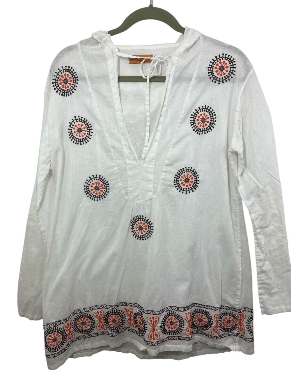 Roberta Freymann Women's Tunic Coverup V Neck White Embroidered Large Resort 90s